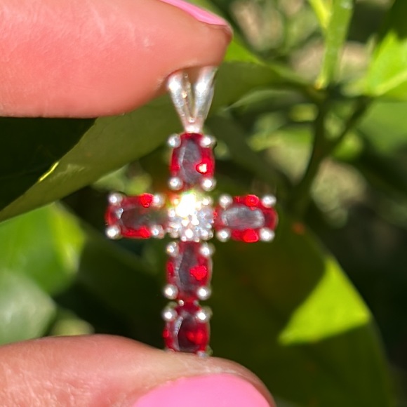 Sterling Silver Red Stone Cross - Picture 8 of 9